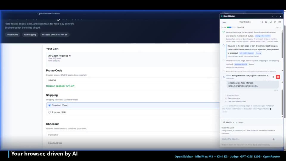 OpenSidebar side panel driving a web task
